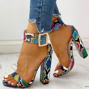 Multicolor Snakeskin Ankle Buckle Chunky Heels